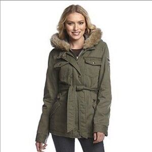 Buffalo David Bitton Outerwear Green Belted Jacket Faux Fur Hood Size M